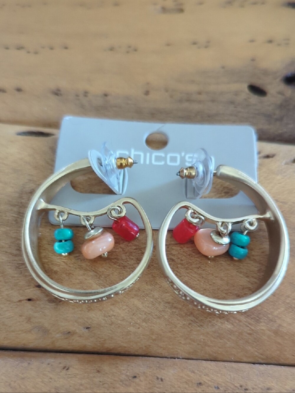 Chico's Gold Hoop Earrings with Turquoise, Coral, and Red Beads